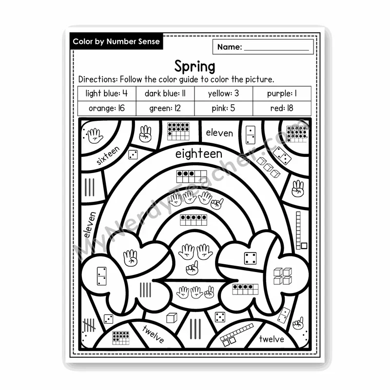 Spring Color by Number Sense — Numbers to 20 Worksheet (Set 6)