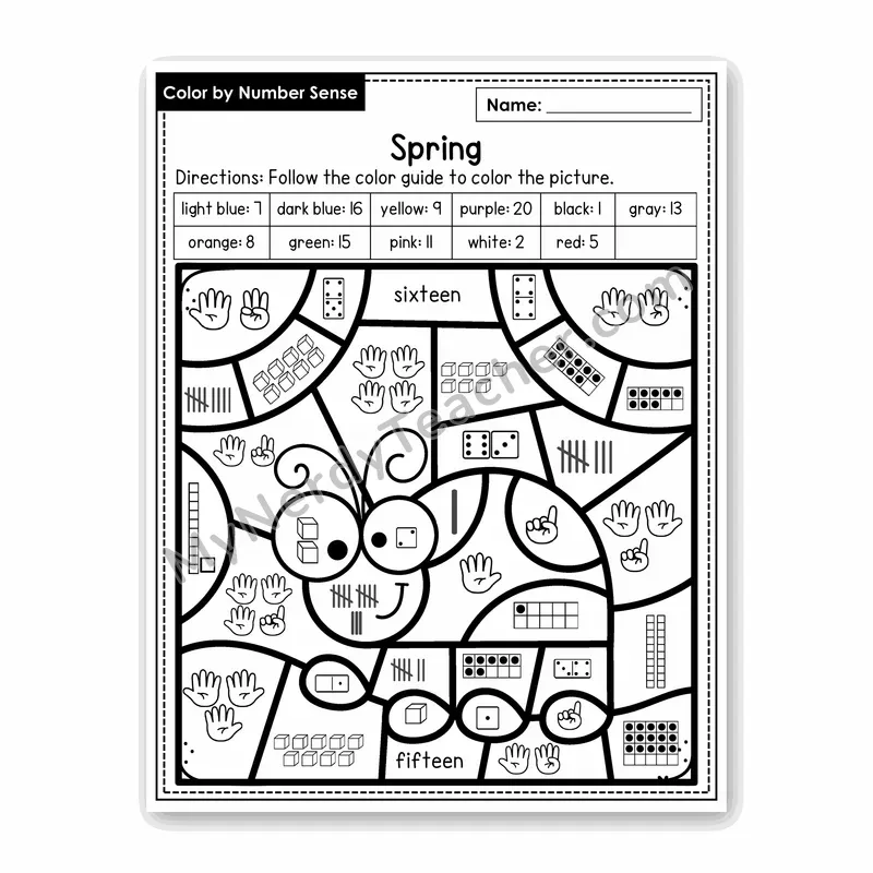 Spring Color by Number Sense — Numbers to 20 Worksheet (Set 5)