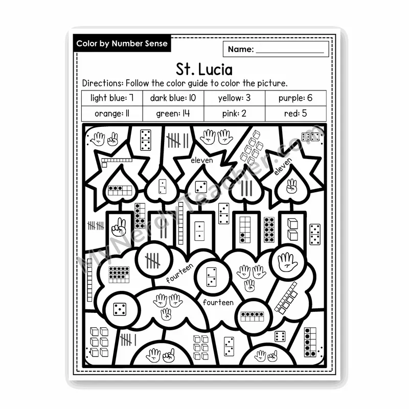 St. Lucia Color by Number Sense — Numbers to 20 Worksheet (Set 1)