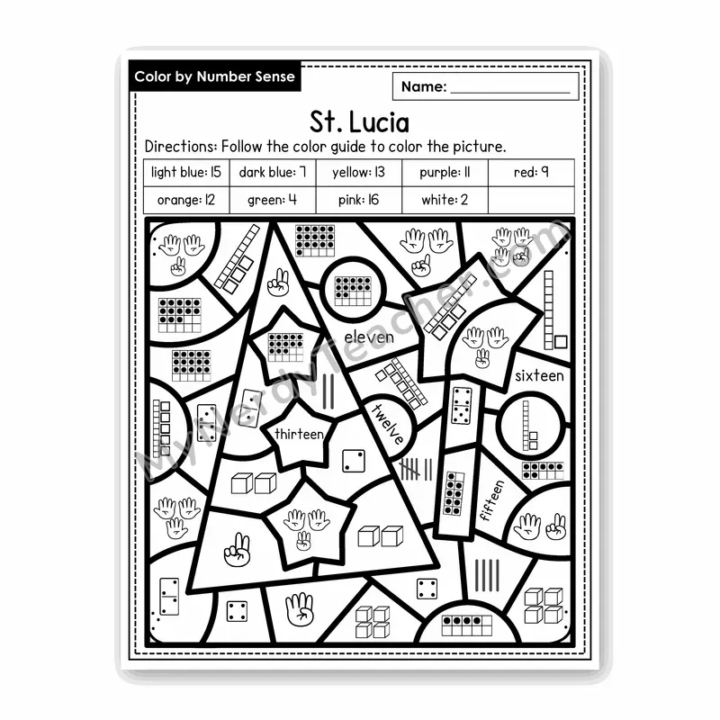 St. Lucia Color by Number Sense — Numbers to 20 Worksheet (Set 2)