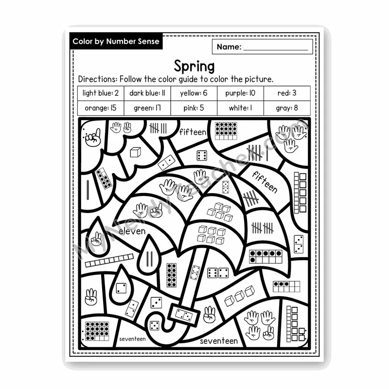 Spring Color by Number Sense — Numbers to 20 Worksheet (Set 8)