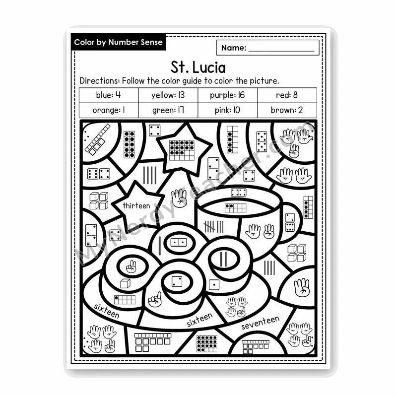St. Lucia Color by Number Sense — Numbers to 20 Worksheet (Set 5)