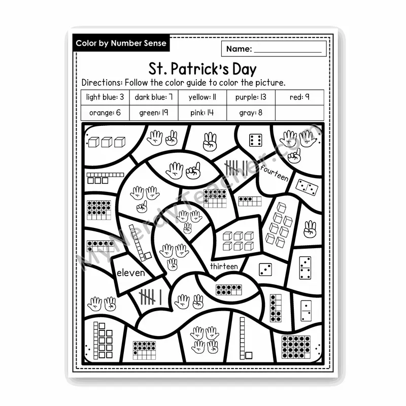 St. Patrick's Day Color by Number Sense — Numbers to 20 Worksheet (Set 2)