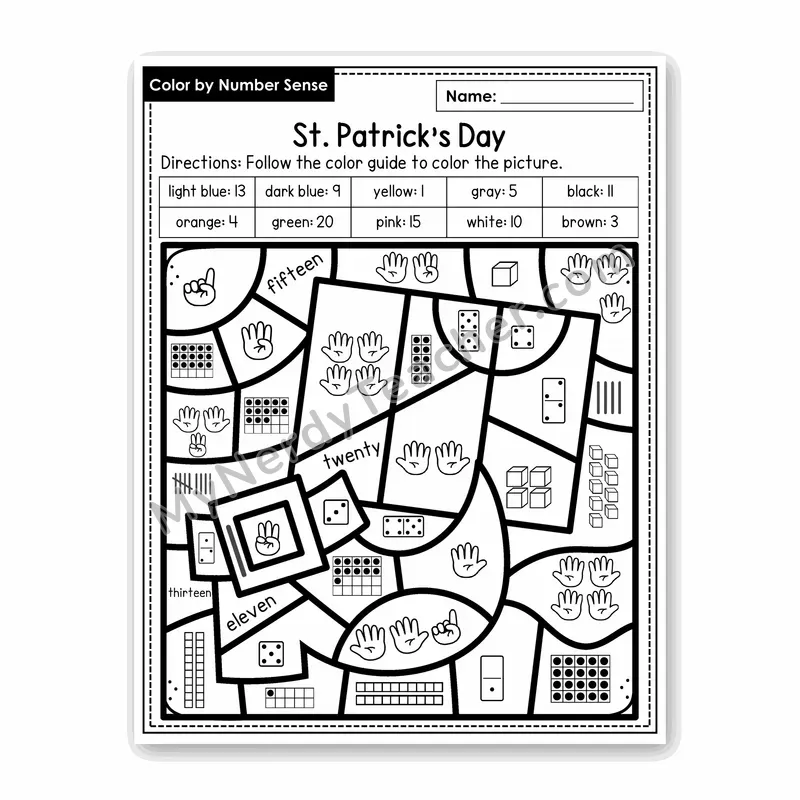 St. Patrick's Day Color by Number Sense — Numbers to 20 Worksheet (Set 1)