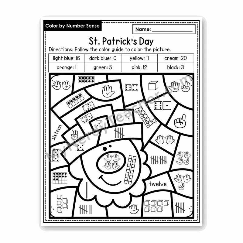 St. Patrick's Day Color by Number Sense — Numbers to 20 Worksheet (Set 3)