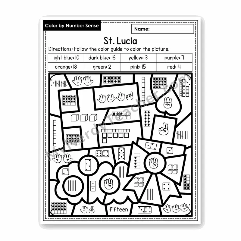 St. Lucia Color by Number Sense — Numbers to 20 Worksheet (Set 6)