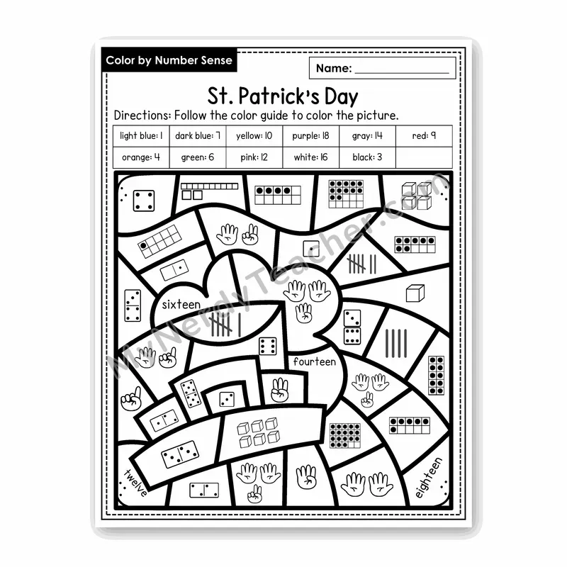 St. Patrick's Day Color by Number Sense — Numbers to 20 Worksheet (Set 7)