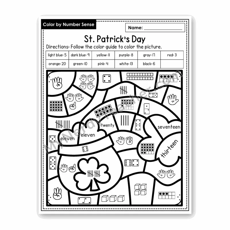 St. Patrick's Day Color by Number Sense — Numbers to 20 Worksheet (Set 4)