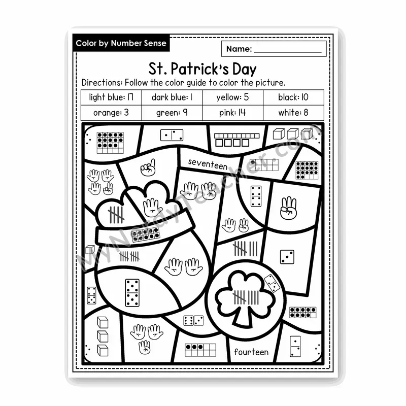 St. Patrick's Day Color by Number Sense — Numbers to 20 Worksheet (Set 5)