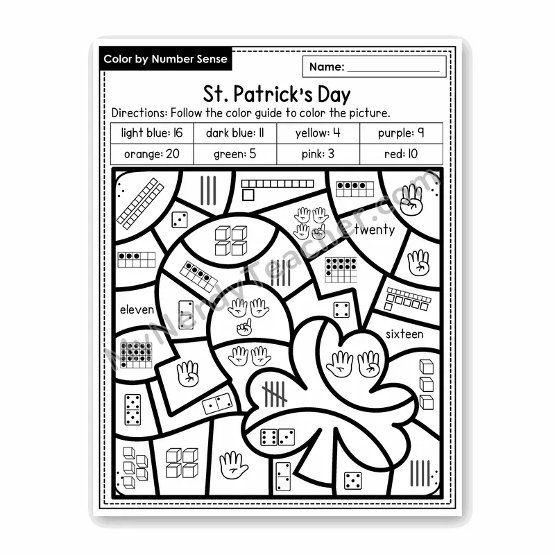 St. Patrick's Day Color by Number Sense — Numbers to 20 Worksheet (Set 6)