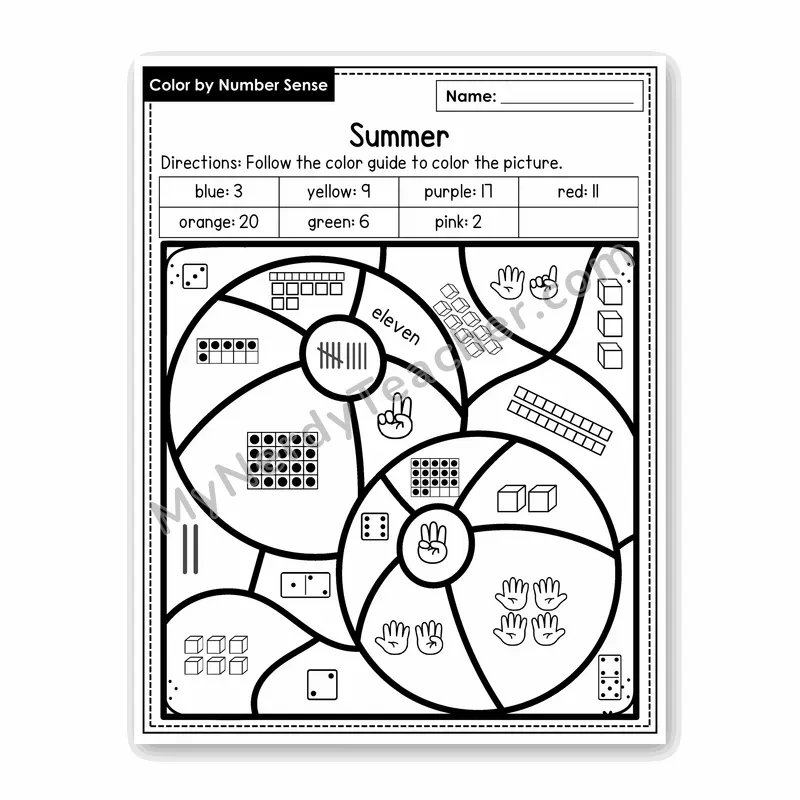 Summer Color by Number Sense — Numbers to 20 Worksheet (Set 2)