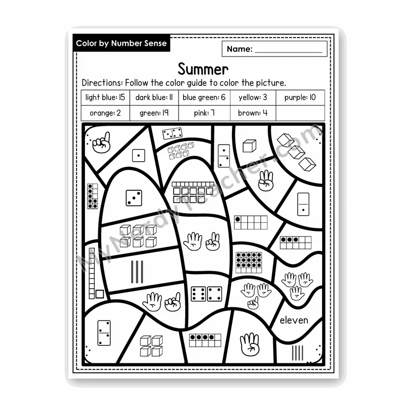 Summer Color by Number Sense — Numbers to 20 Worksheet (Set 1)