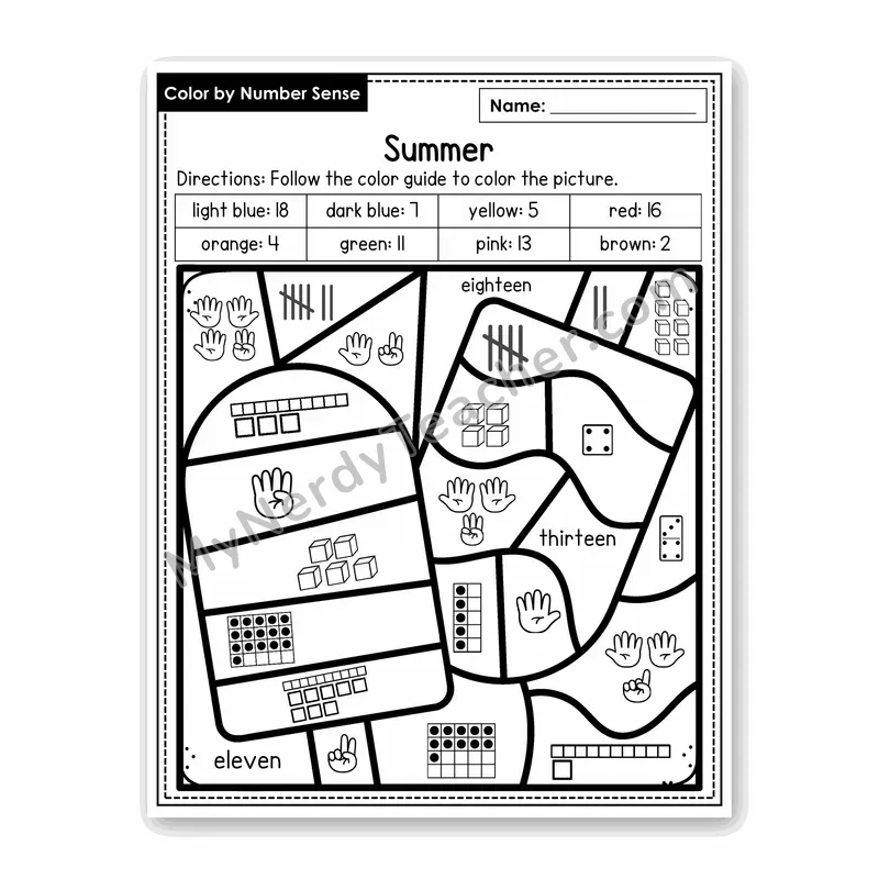 Summer Color by Number Sense — Numbers to 20 Worksheet (Set 5)