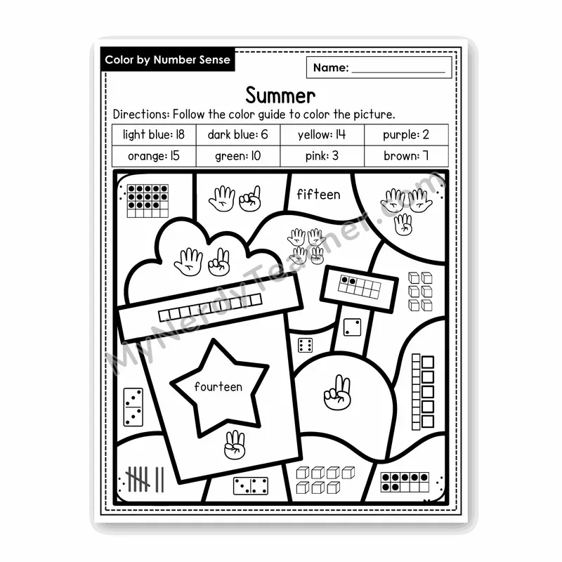 Summer Color by Number Sense — Numbers to 20 Worksheet (Set 3)