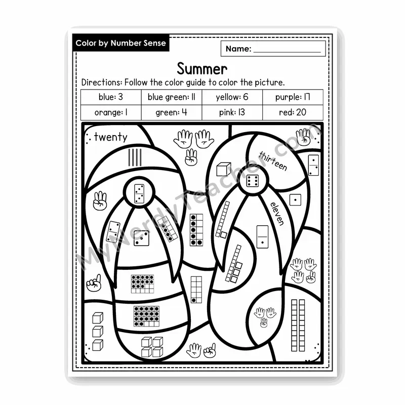 Summer Color by Number Sense — Numbers to 20 Worksheet (Set 4)
