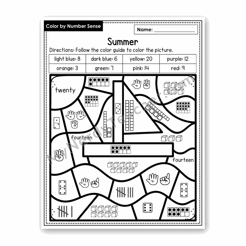 Summer Color by Number Sense — Numbers to 20 Worksheet (Set 6)