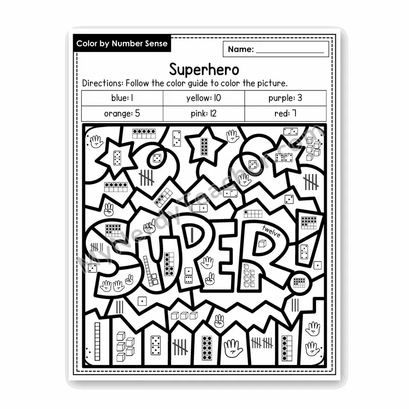 Superhero Color by Number Sense — Numbers to 20 Worksheet (Set 1)