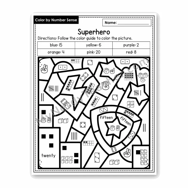 Superhero Color by Number Sense — Numbers to 20 Worksheet (Set 2)