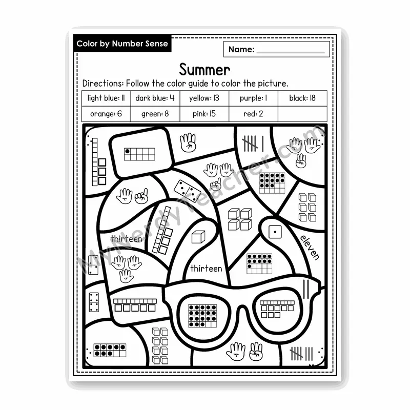 Summer Color by Number Sense — Numbers to 20 Worksheet (Set 8)