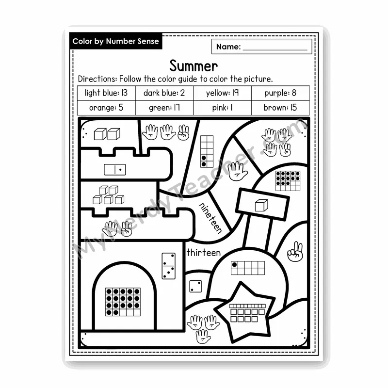 Summer Color by Number Sense — Numbers to 20 Worksheet (Set 7)