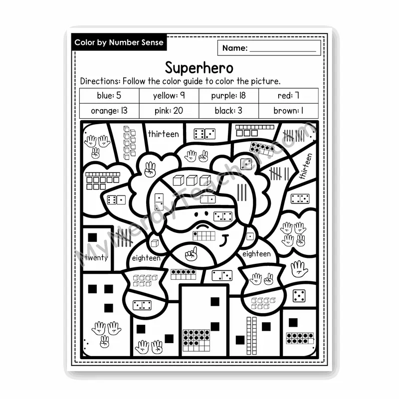 Superhero Color by Number Sense — Numbers to 20 Worksheet (Set 7)