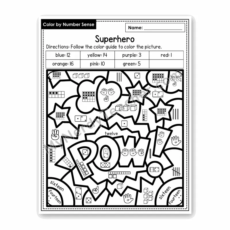 Superhero Color by Number Sense — Numbers to 20 Worksheet (Set 4)