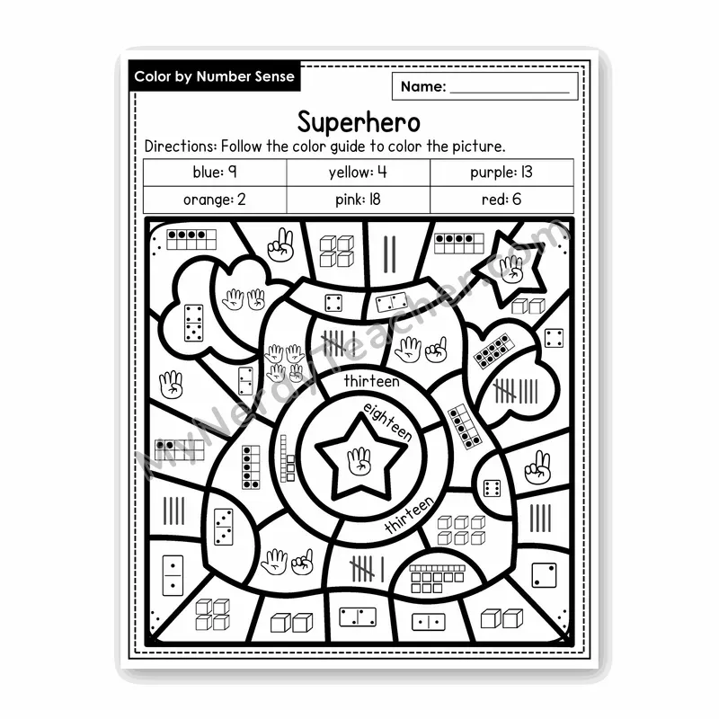 Superhero Color by Number Sense — Numbers to 20 Worksheet (Set 5)