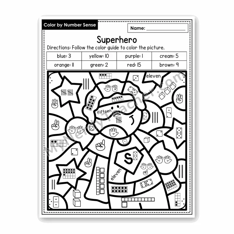 Superhero Color by Number Sense — Numbers to 20 Worksheet (Set 3)