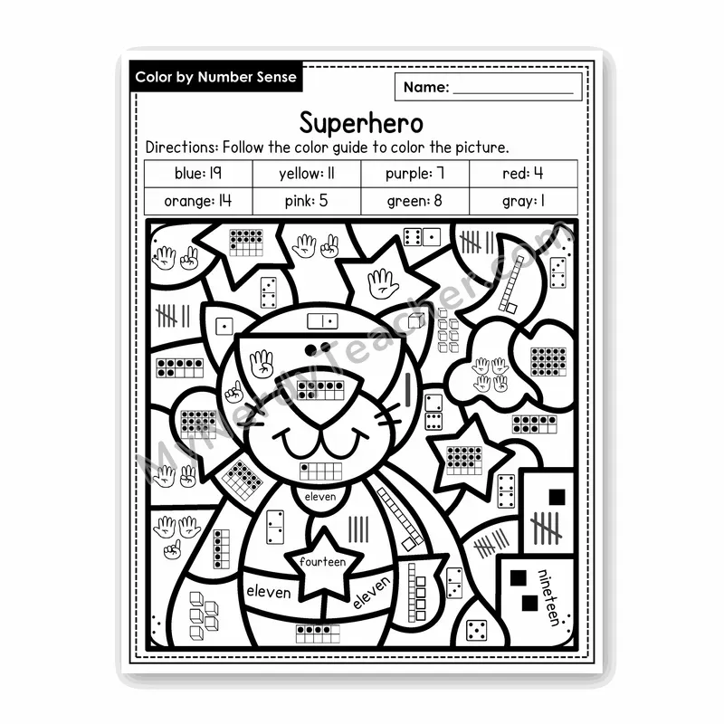 Superhero Color by Number Sense — Numbers to 20 Worksheet (Set 6)