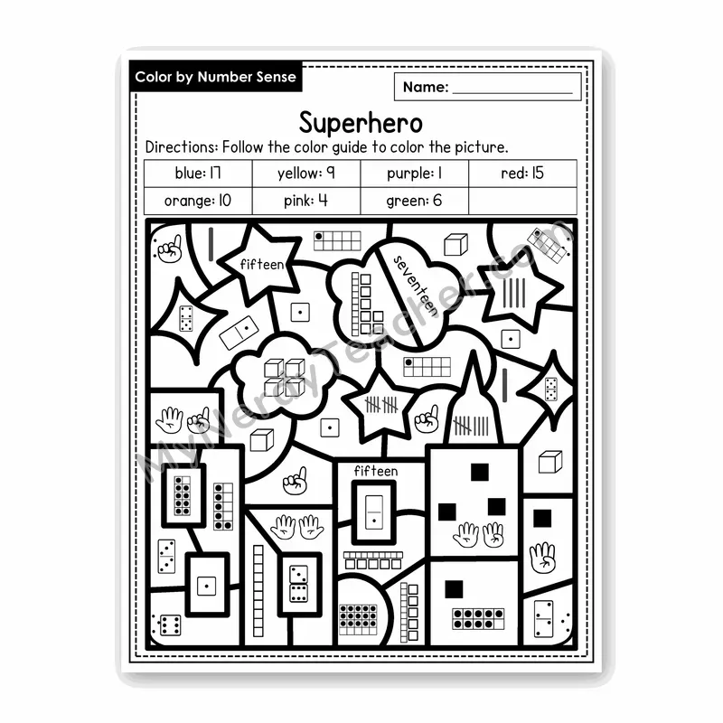 Superhero Color by Number Sense — Numbers to 20 Worksheet (Set 8)