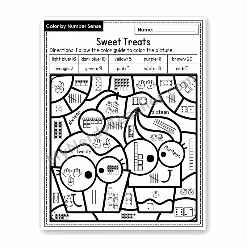 Sweet Treats Color by Number Sense — Numbers to 20 Worksheet (Set 4)