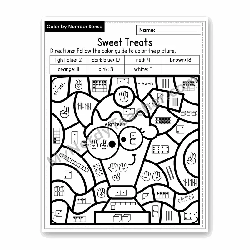 Sweet Treats Color by Number Sense — Numbers to 20 Worksheet (Set 7)