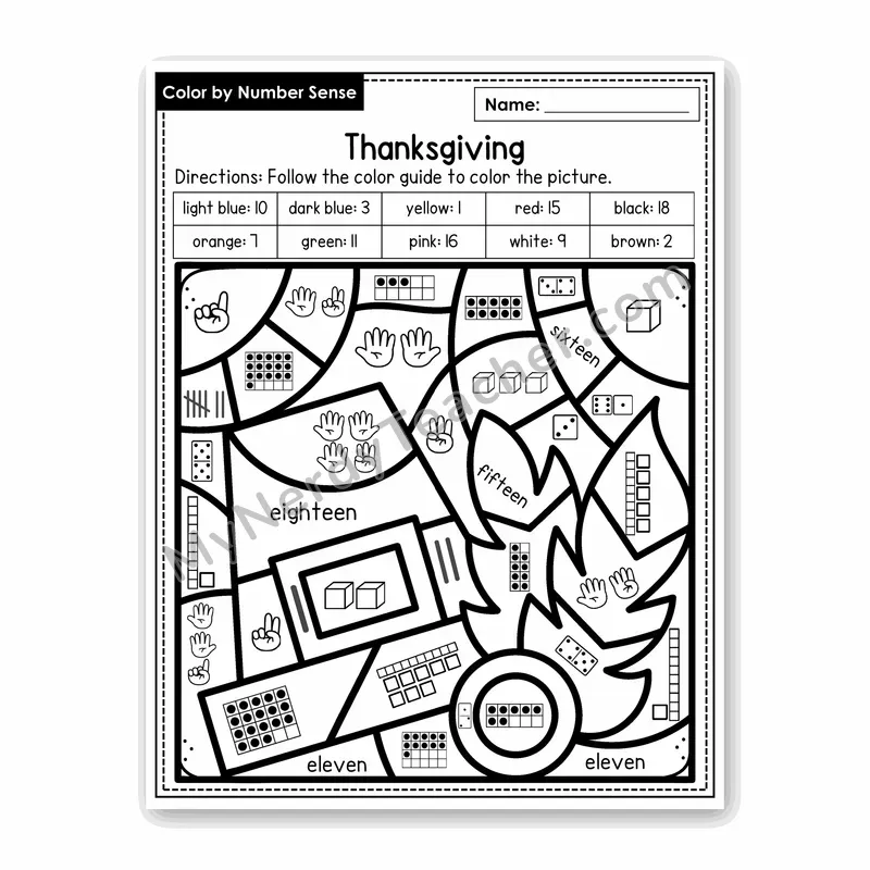 Thanksgiving Color by Number Sense — Numbers to 20 Worksheet (Set 2)