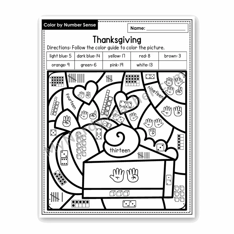 Thanksgiving Color by Number Sense — Numbers to 20 Worksheet (Set 5)