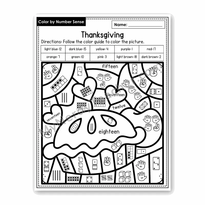 Thanksgiving Color by Number Sense — Numbers to 20 Worksheet (Set 4)