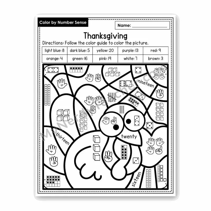 Thanksgiving Color by Number Sense — Numbers to 20 Worksheet (Set 7)