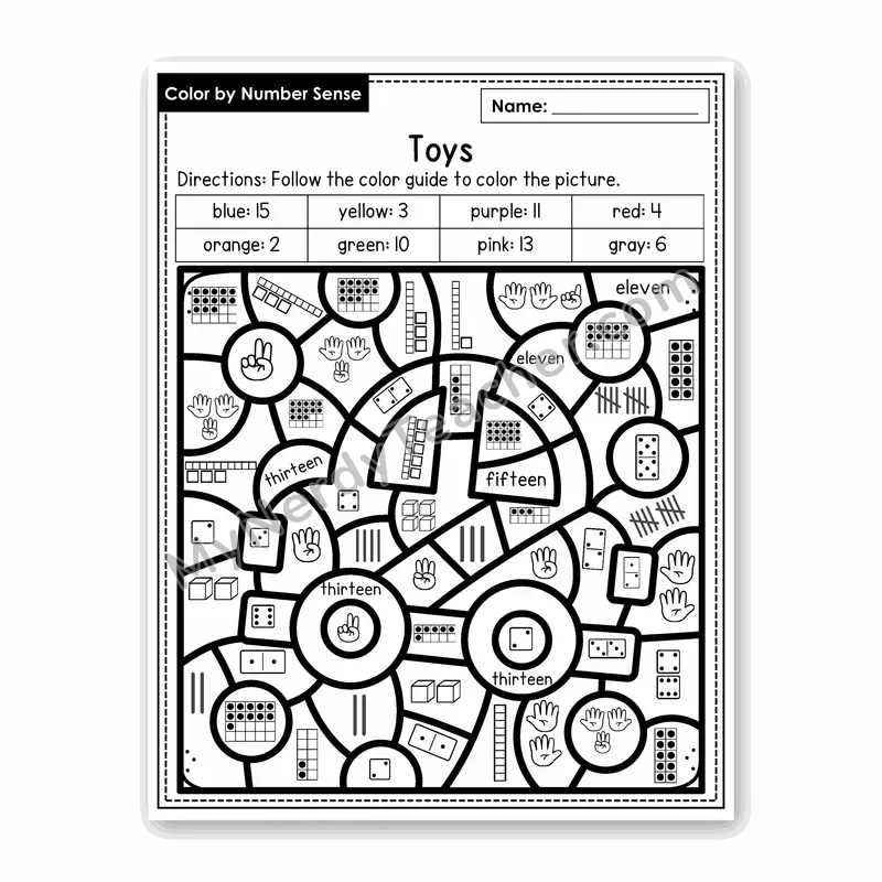 Toys Color by Number Sense — Numbers to 20 Worksheet (Set 3)