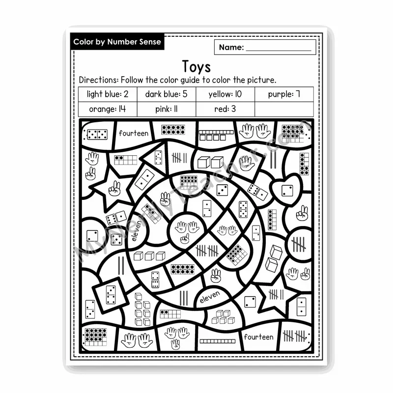 Toys Color by Number Sense — Numbers to 20 Worksheet (Set 1)
