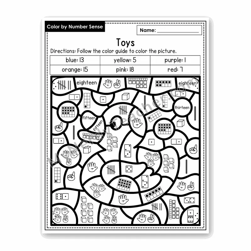 Toys Color by Number Sense — Numbers to 20 Worksheet (Set 7)