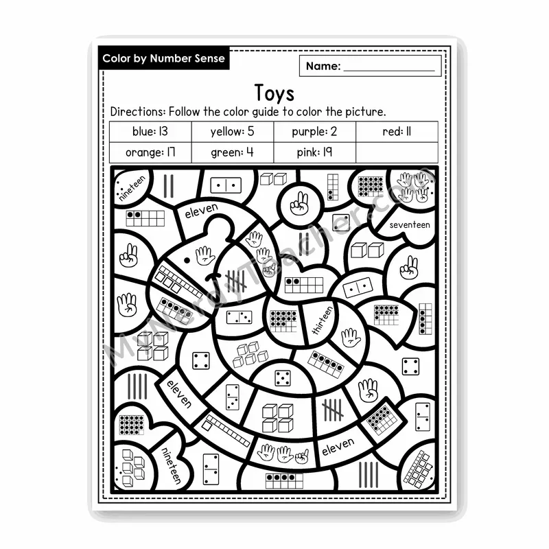 Toys Color by Number Sense — Numbers to 20 Worksheet (Set 4)