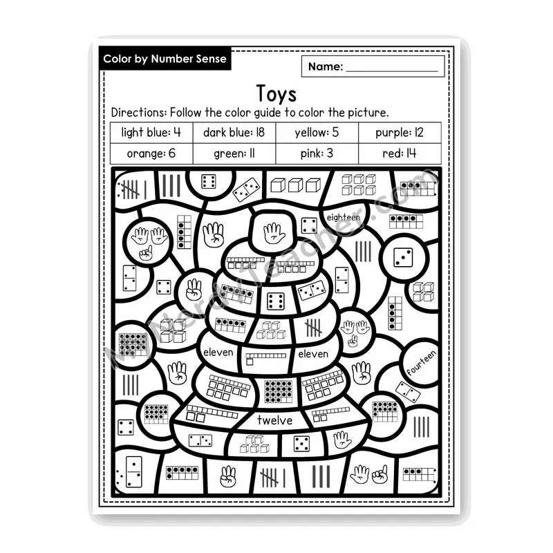 Toys Color by Number Sense — Numbers to 20 Worksheet (Set 8)