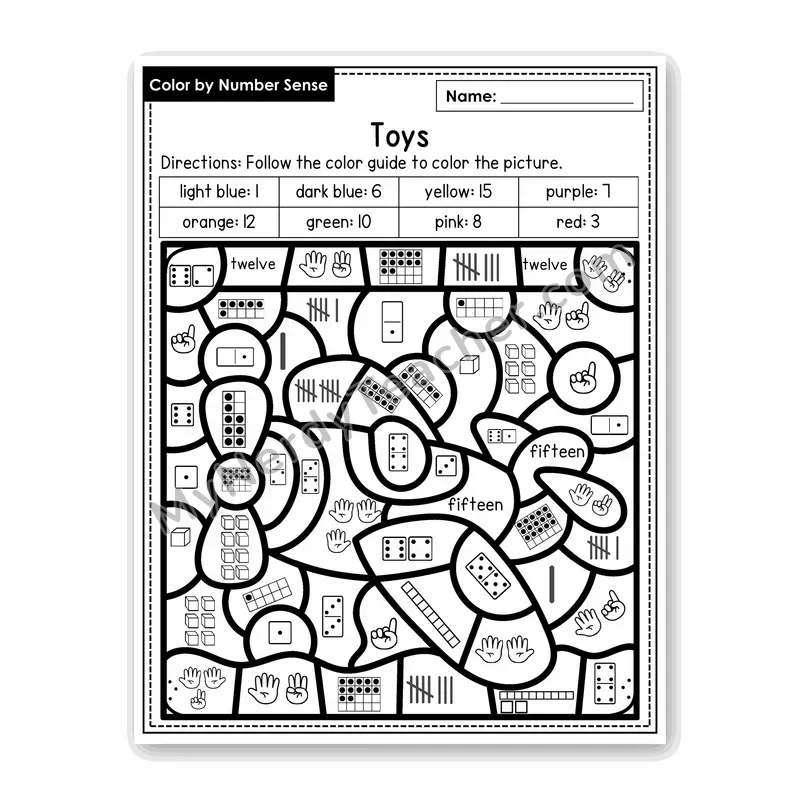 Toys Color by Number Sense — Numbers to 20 Worksheet (Set 5)