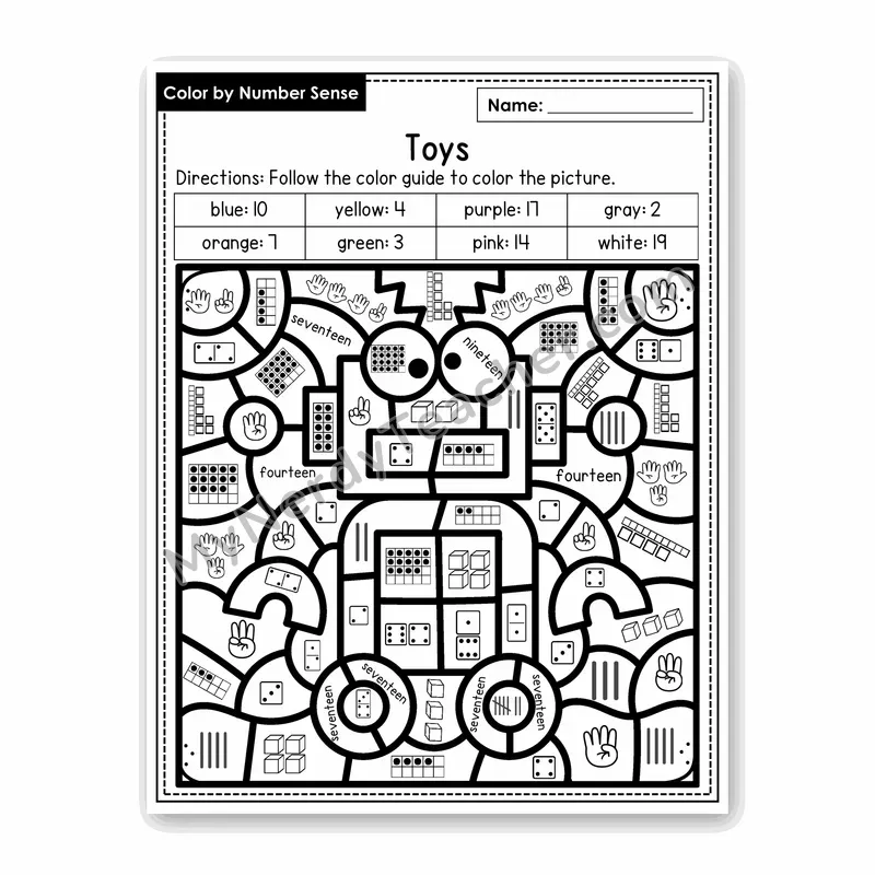 Toys Color by Number Sense — Numbers to 20 Worksheet (Set 6)