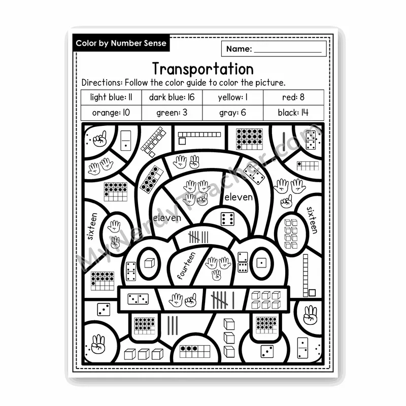 Transportation Color by Number Sense — Numbers to 20 Worksheet (Set 3)