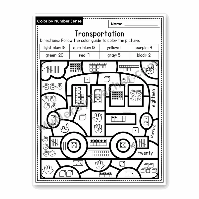 Transportation Color by Number Sense — Numbers to 20 Worksheet (Set 2)