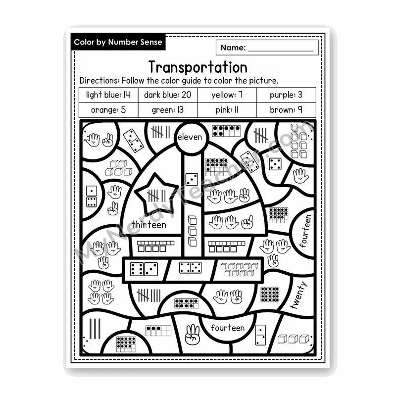 Transportation Color by Number Sense — Numbers to 20 Worksheet (Set 5)