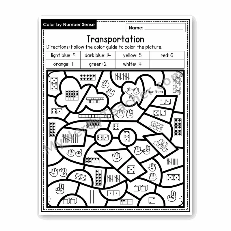 Transportation Color by Number Sense — Numbers to 20 Worksheet (Set 1)