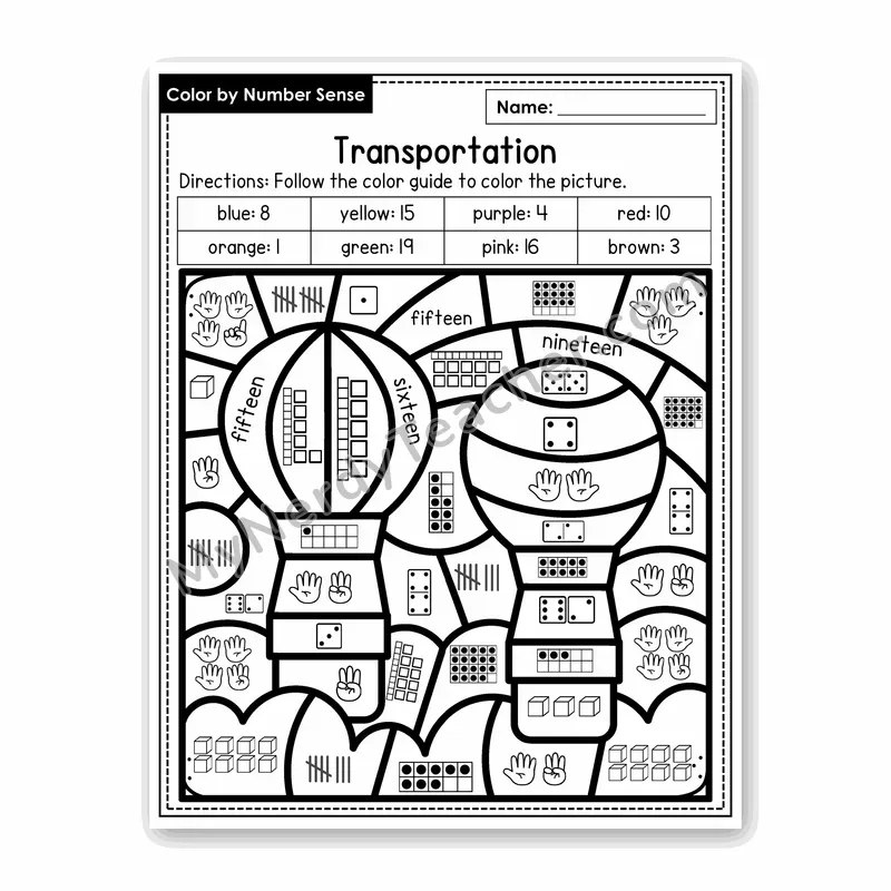 Transportation Color by Number Sense — Numbers to 20 Worksheet (Set 4)