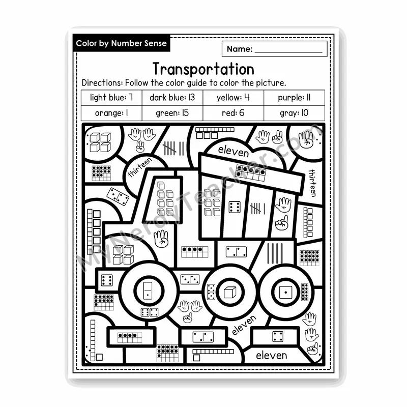 Transportation Color by Number Sense — Numbers to 20 Worksheet (Set 8)
