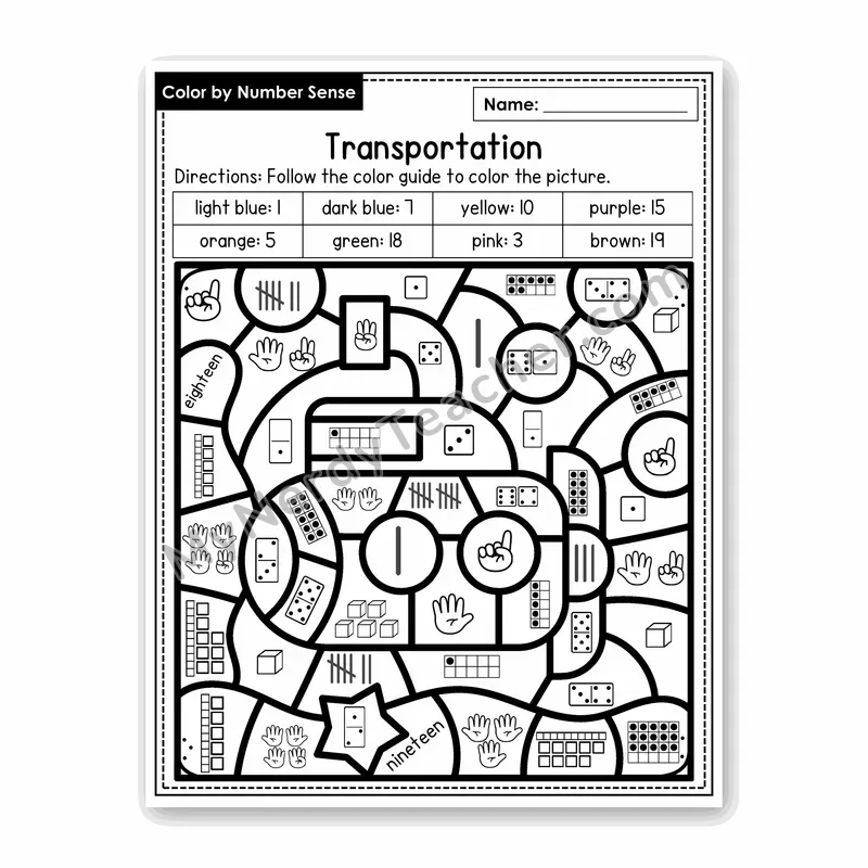 Transportation Color by Number Sense — Numbers to 20 Worksheet (Set 6)